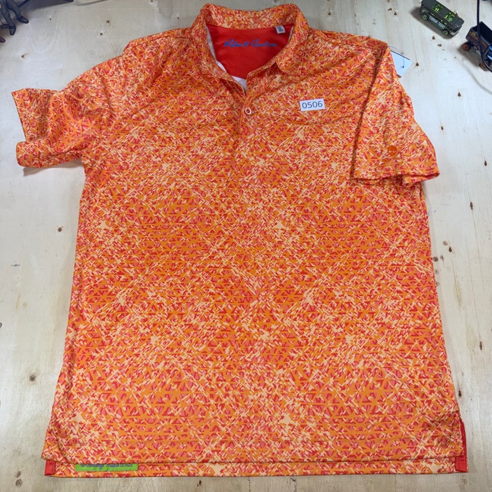 Robert Graham Mens M Orange Pink Geometric Abstract AOP Classic Fit Polo Shirt